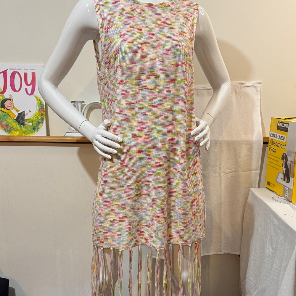 525 America Pastel Multicolor Fringe Dress. Stretchy knit with drop back.